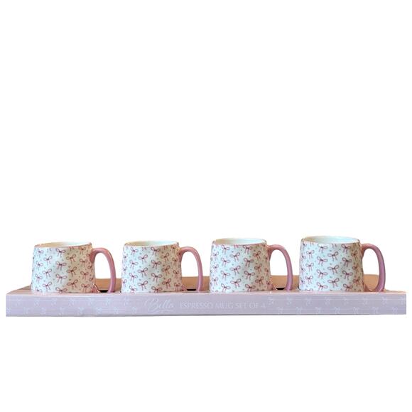 10 Strawberry Street Bella Pink Bow Ceramic Espresso Mug Set of 4 New - Picture 1 of 16